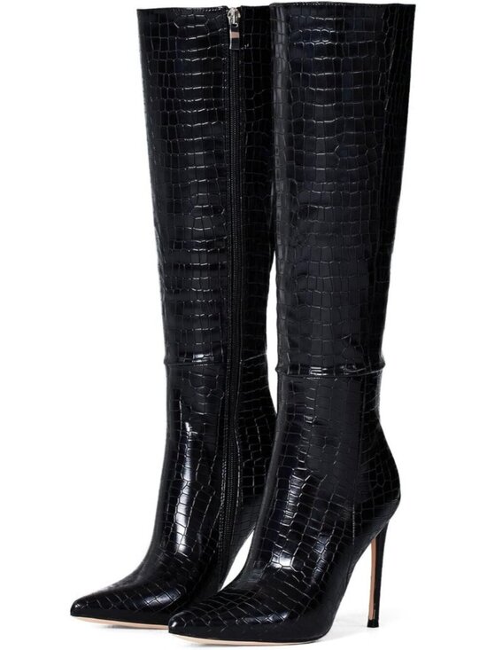 Shoes - Women's 4 inch Knee High Long Boots Stiletto Pointed Toe Heeled Boot Black Grain